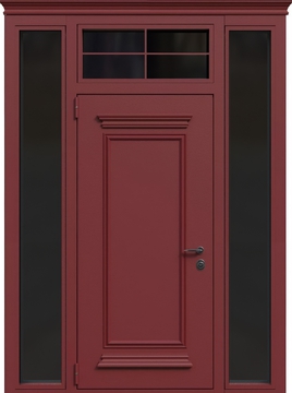 Входная остекленная группа с терморазрывом, металлобагетом, карнизом и красным полимерным окрашиванием